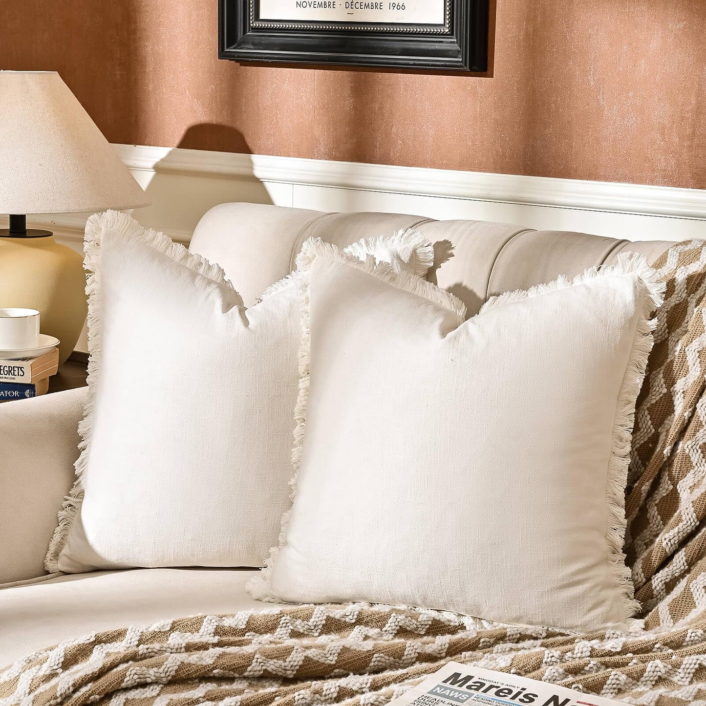 AmHoo Pack of 2 Linen Pillow Covers with Tassels Fringed Decorative Rustic Natural Throw Pillowcase Cushion for Couch Sofa Bedroom 16 x 16-Inch Off White