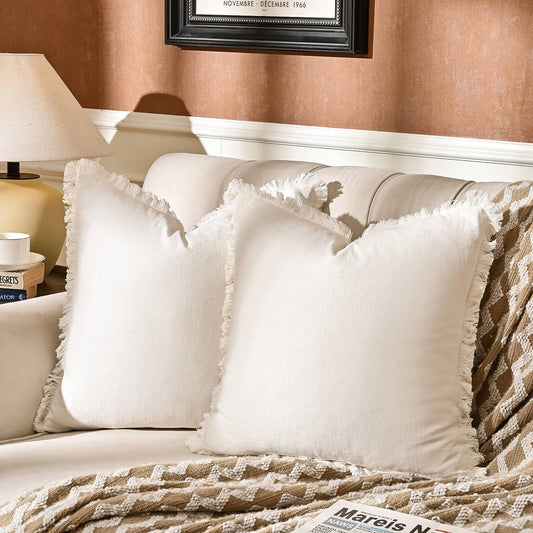 AmHoo Pack of 2 Linen Pillow Covers with Tassels Fringed Decorative Rustic Natural Throw Pillowcase Cushion for Couch Sofa Bedroom 16 x 16-Inch Off White
