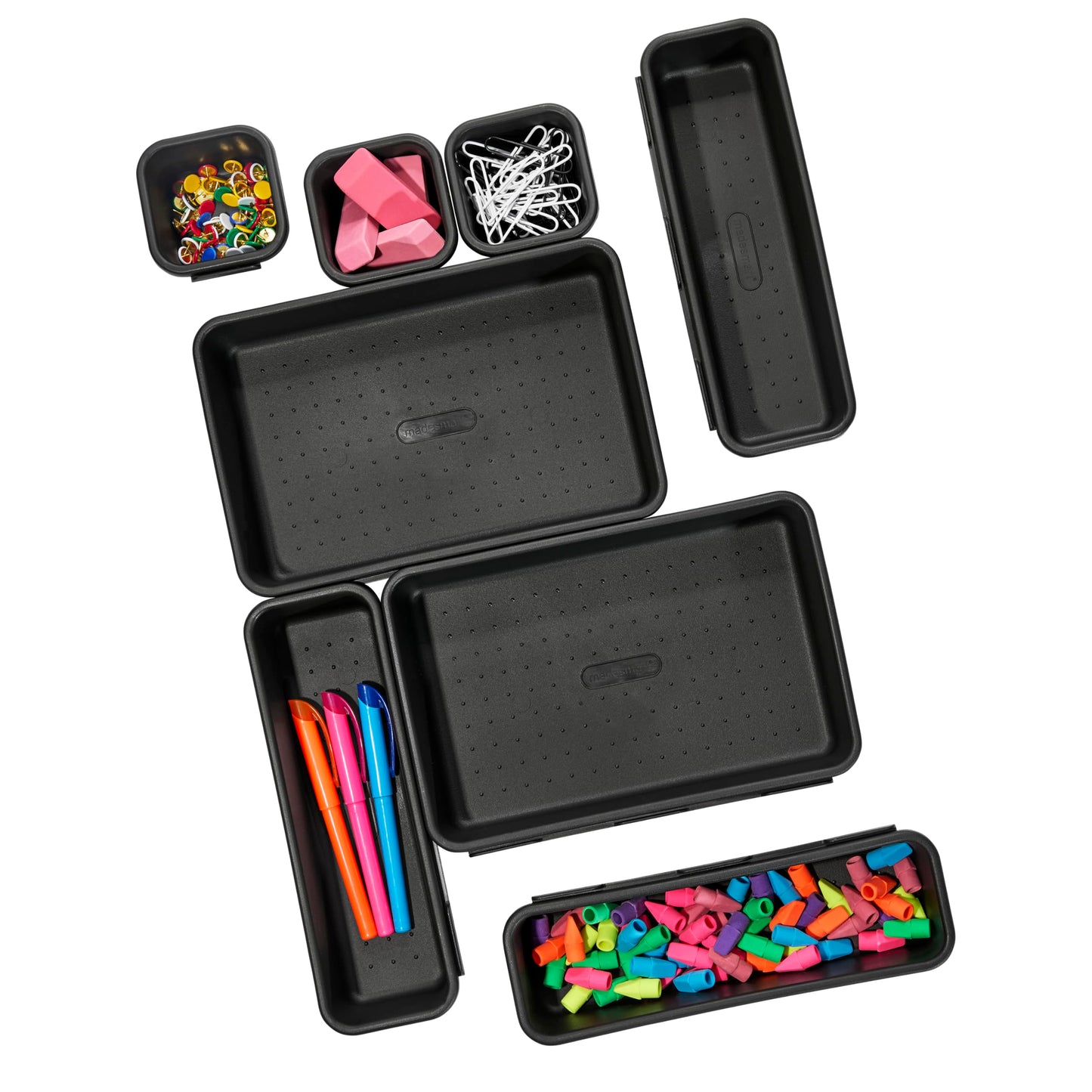 Madesmart 8-Piece Interlocking Bin Pack for Drawer Organization, Plastic Interlocking Junk Drawer Organizer Tray, Granite
