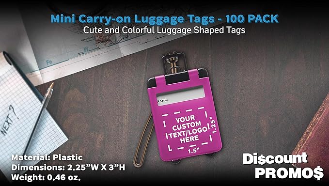 100 Mini Carry-on Luggage Tags Pack - Customizable Text, Logo - Flip Open Cover, ID Sticker - Purple