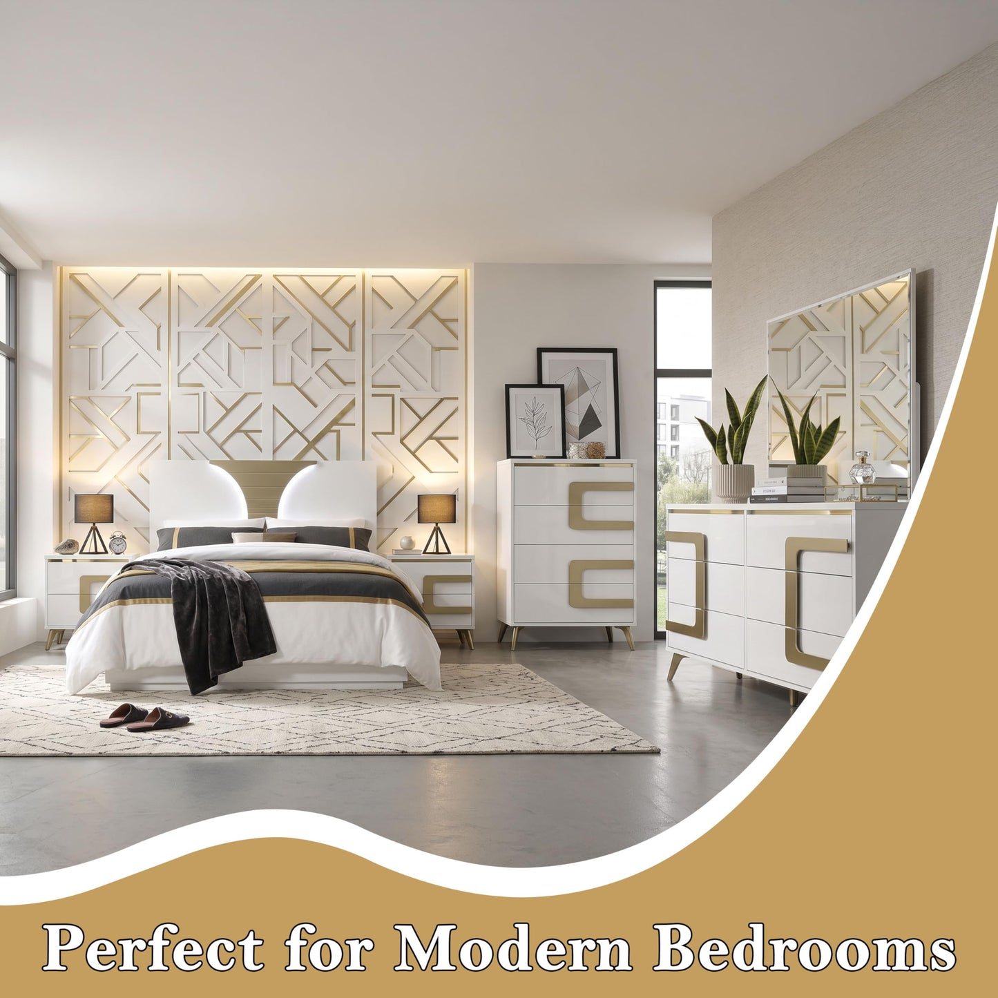 Kings Brand Furniture Claire 6-Piece Queen Size Bedroom Set - Bed with LED Headboard, Dresser, Mirror, Chest and 2 Nightstands, White/Gold