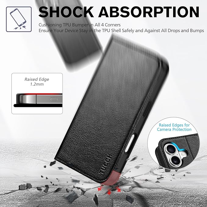 TUCCH Case Wallet for iPhone 17 (6.3") 2025, RFID Blocking, 3 Card Holders, Kickstand, PU Leather, Protective Flip Folio Cover, TPU Shockproof Interior Shell, Textured Black