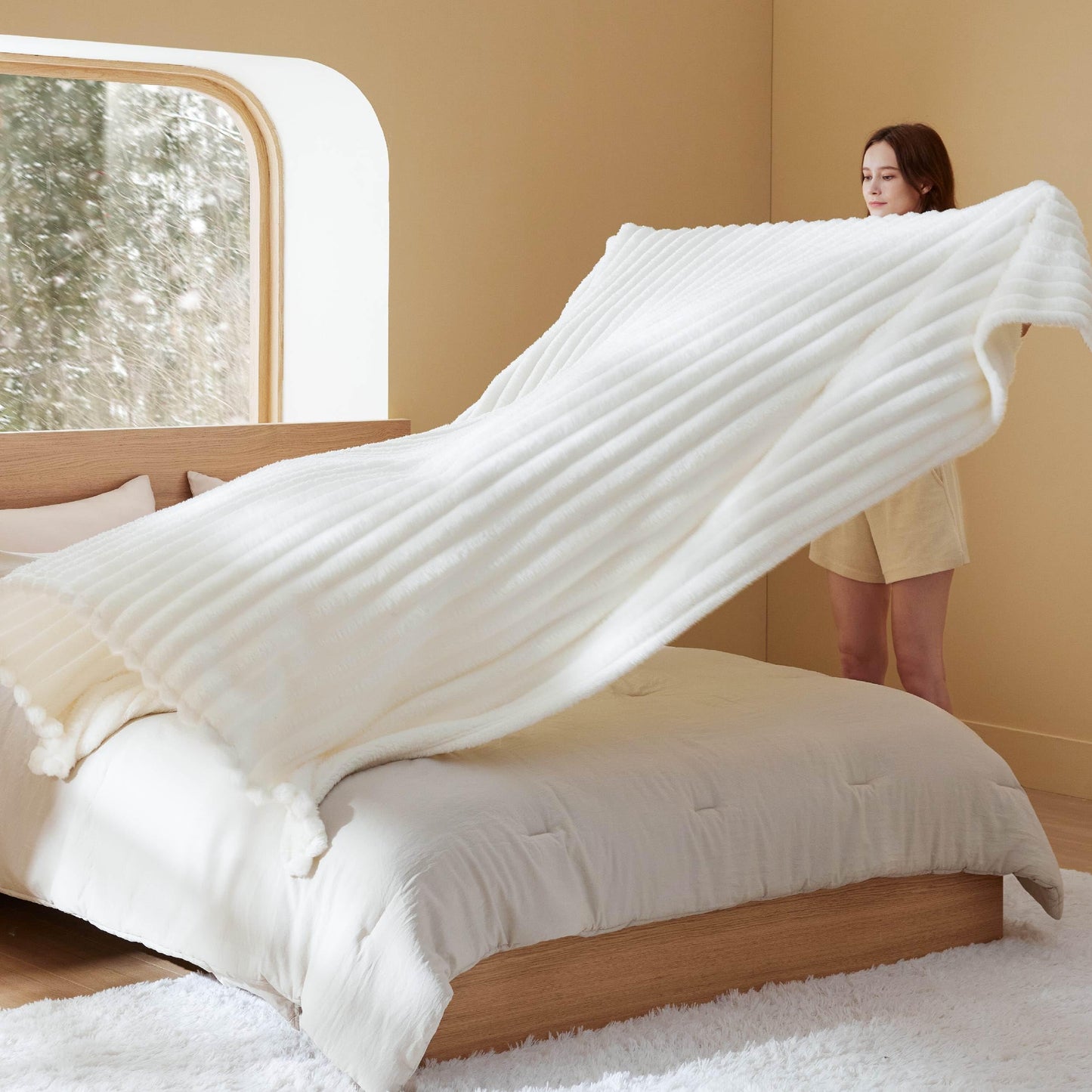 Bedsure Blankets Queen Size for Bed - 350GSM Super GentleSoft Fuzzy Fluffy Cozy Blankets for Women, Cute Large Plush Fleece Throws for Girls, White，90x90 Inches, Wider Striped Design