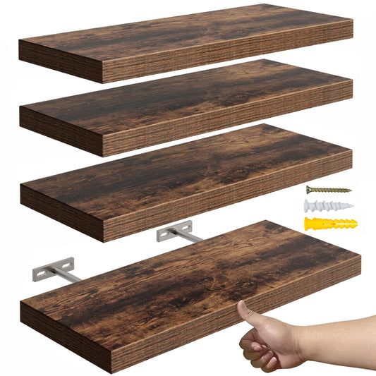 YUFLINX 16’’Rustic Brown Floating Shelves for Wall Set of 4,Rustic Wood Shelf for Room Decor/Storage/Display,Small Bookshelf,Wall Mounted Hanging Shelves for Bedroom, Bathroom, Living Room, Kitchen