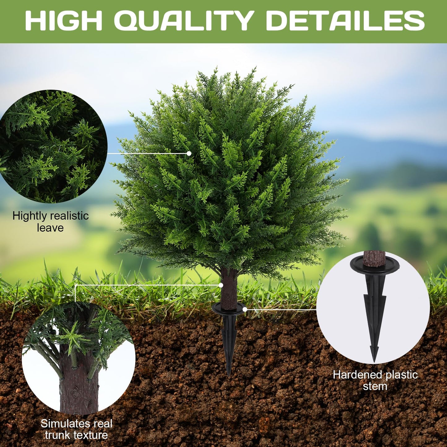 Artificial Cedar Topiary Ball Tree 23" with Ground Spike, Set of 2 Artificial Boxwood Bushes for Faux Shrubs, Fake Evergreen Faux Plant for Indoor Outdoor Porch Garden- UV Resistant – Fade-Proof