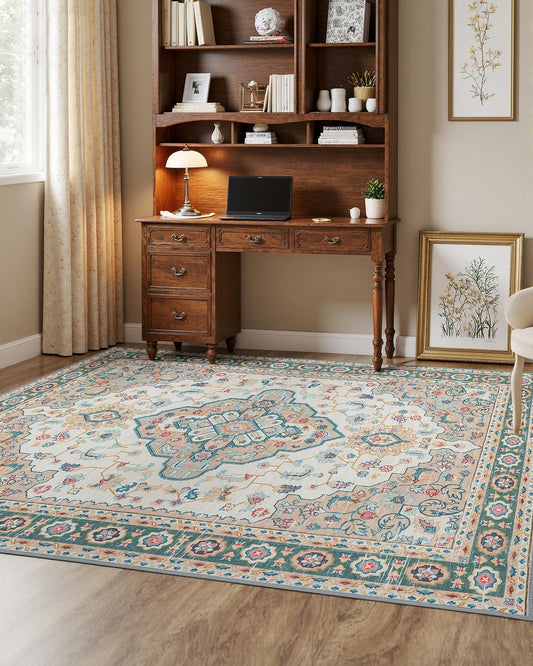 MINIDEAR 5x7 Area Rugs for Living Room, Dining Room Rug, Washable Rugs for Bedroom Non Slip Vintage Rug with Floral Print Carpet Mat for Home, Khaki