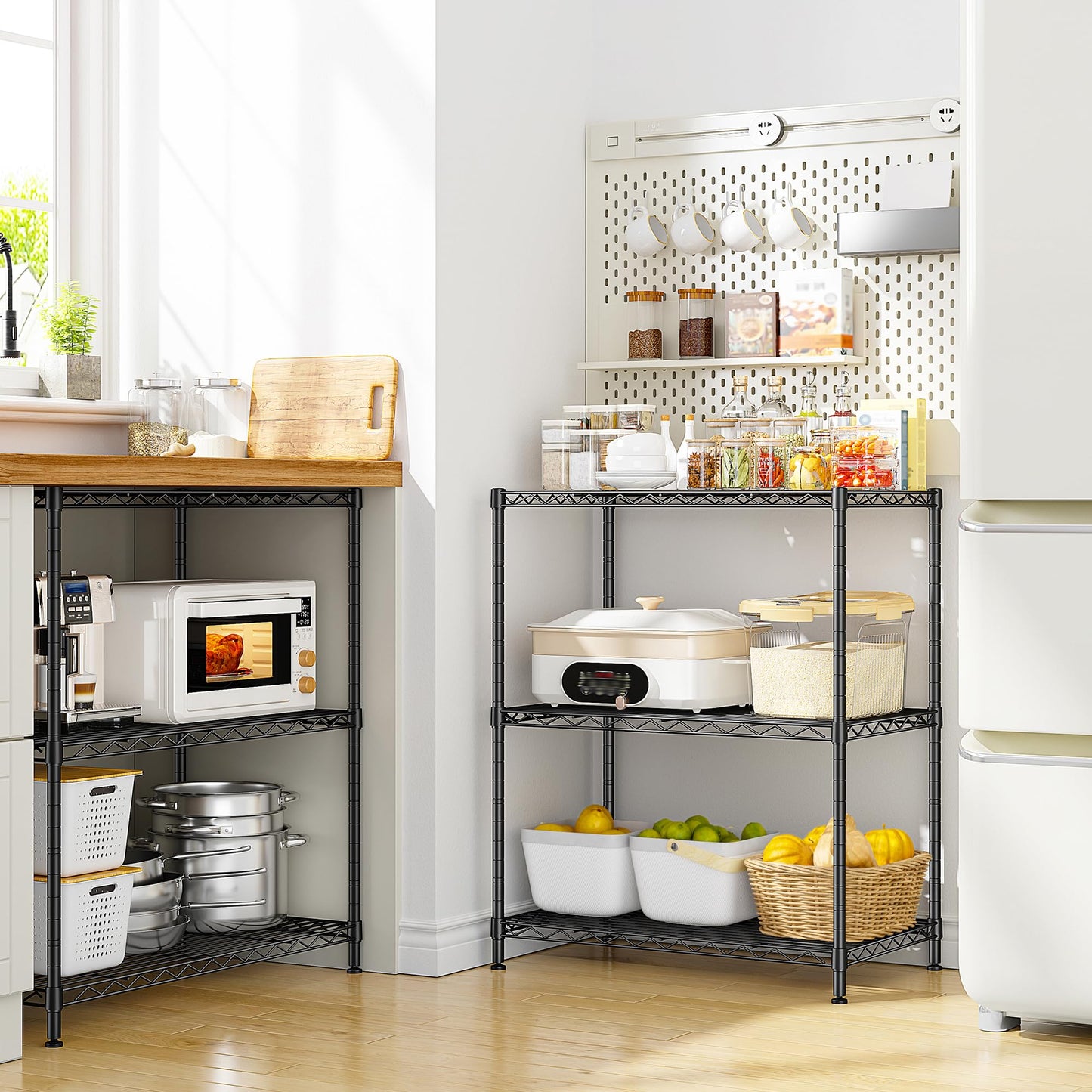 3 Tier Storage Shelves Metal Shelving Unit,Adjustable Wire Rack Pantry Kitchen Shelves,Small Shelf Wire Shelving for Laundry Office Bedroom Dorm Bathroom Closet 24" W x 30" H x 14" D Black Shelves