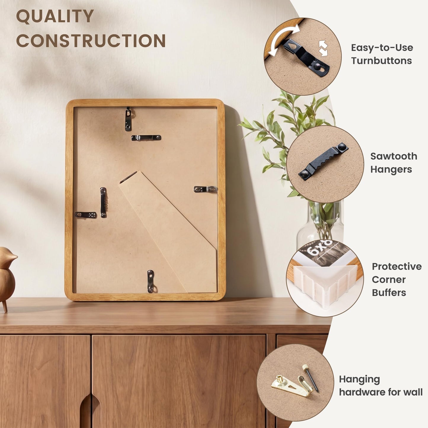 A4 Picture Frame, USA-Sourced Teak Wood Certificated Frame with Chamfered Edge & Double-Dowel Corner, Handcrafted A4 Wooden Frame Matted to A5 with HD Tempered Glass for Wall and Tabletop