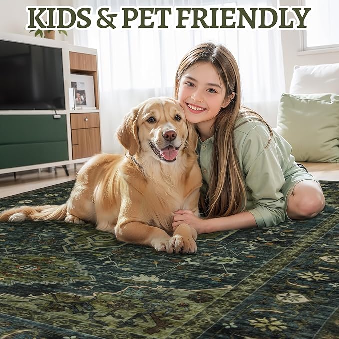 Tangsoo Green Round Rugs 4ft Washable Circle Rug, Non Slip Small Boho Round Area Rug, Oriental Low Pile Circular Rugs, Vintage Round Carpet for Living Room Bedroom,Entryway,Nursery,Dorm,Olive Green