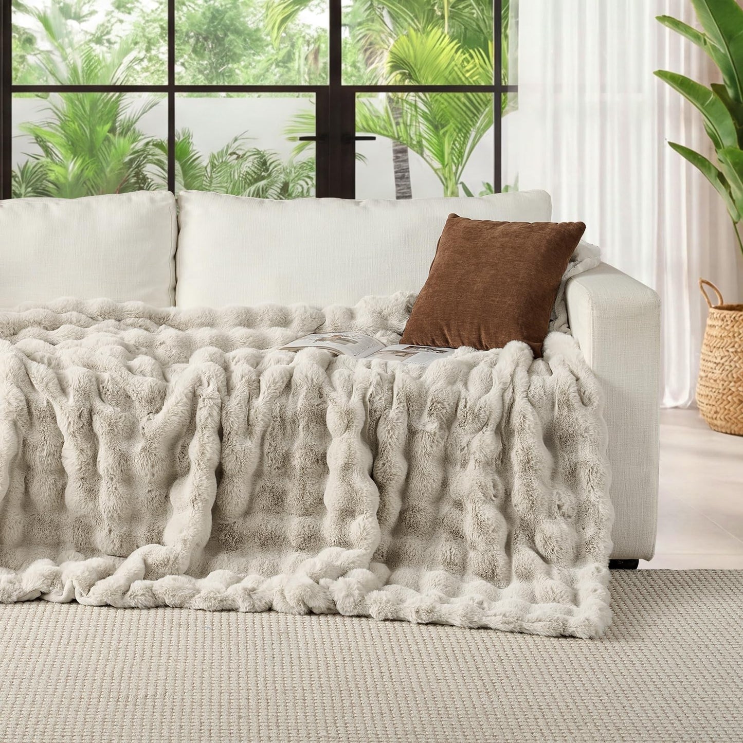 Lotus Karen Faux Fur Throw Blanket Linen - 800 GSM Bubble Rabbit Fluff Blanket for Couch Bed Sofa,Softest Fluffy Fuzzy Cozy Blanket,Thick Furry Plush Shaggy Warm Blankets for Women,108x90 Inches