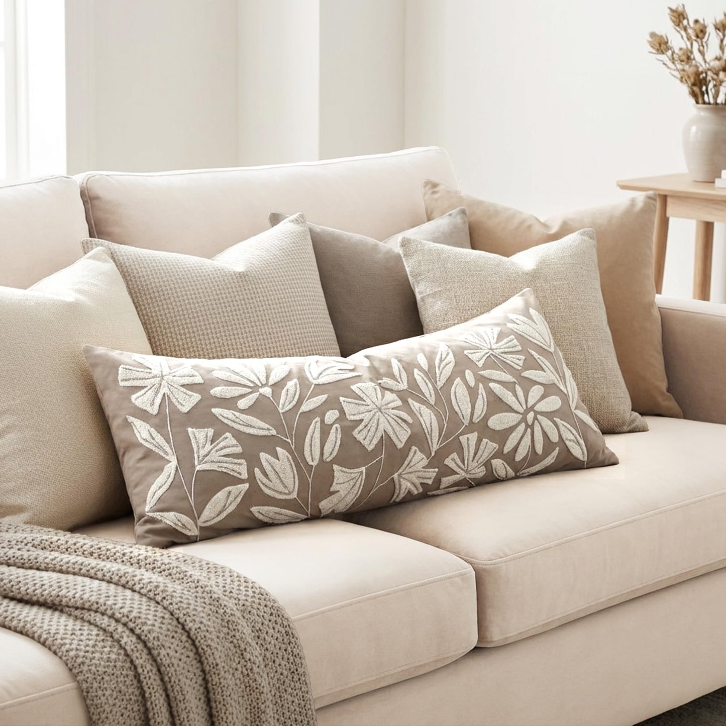BlissBlush 14x36 Lumbar Pillow Cover for Bed, Taupe Rectangular Long Throw Pillowcase, Embroidered Velvet Floral Tufted Farmhouse Accent Cushion (Cover Only)