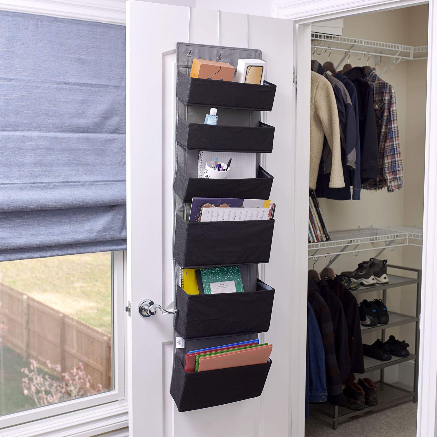 Household Essentials 6 Pocket Over‑The‑Door Organizer in Non‑Woven Fabric with Reinforced Siding, Foldable Storage, Black