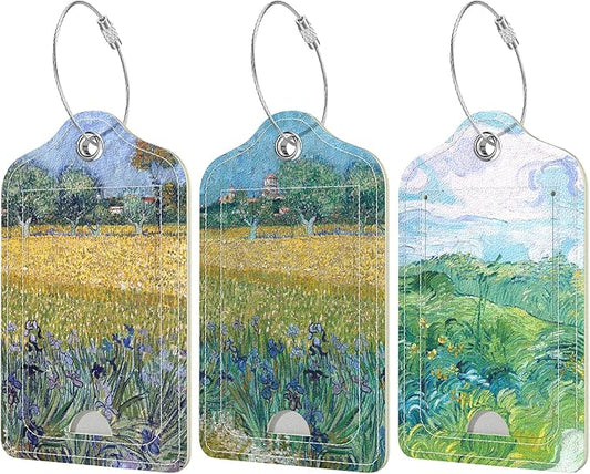 Rimilak 3 Pcs PU Leather Luggage Tags for Suitcase, Travel Cruise Luggage Tag with Privacy Flap, Name ID Label and Metal Loop for Women Men Baggage Handbag School Bag Backpack, Field Tree