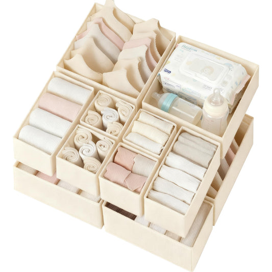 Criusia Drawer Organizer Clothes 12 Pack, Dresser Organizer for Nursery Bedroom Closet Organization and Storage - Baby Clothes Organizer Bins - Drawer Divider for Sock Underwear Bra Ties (Beige)
