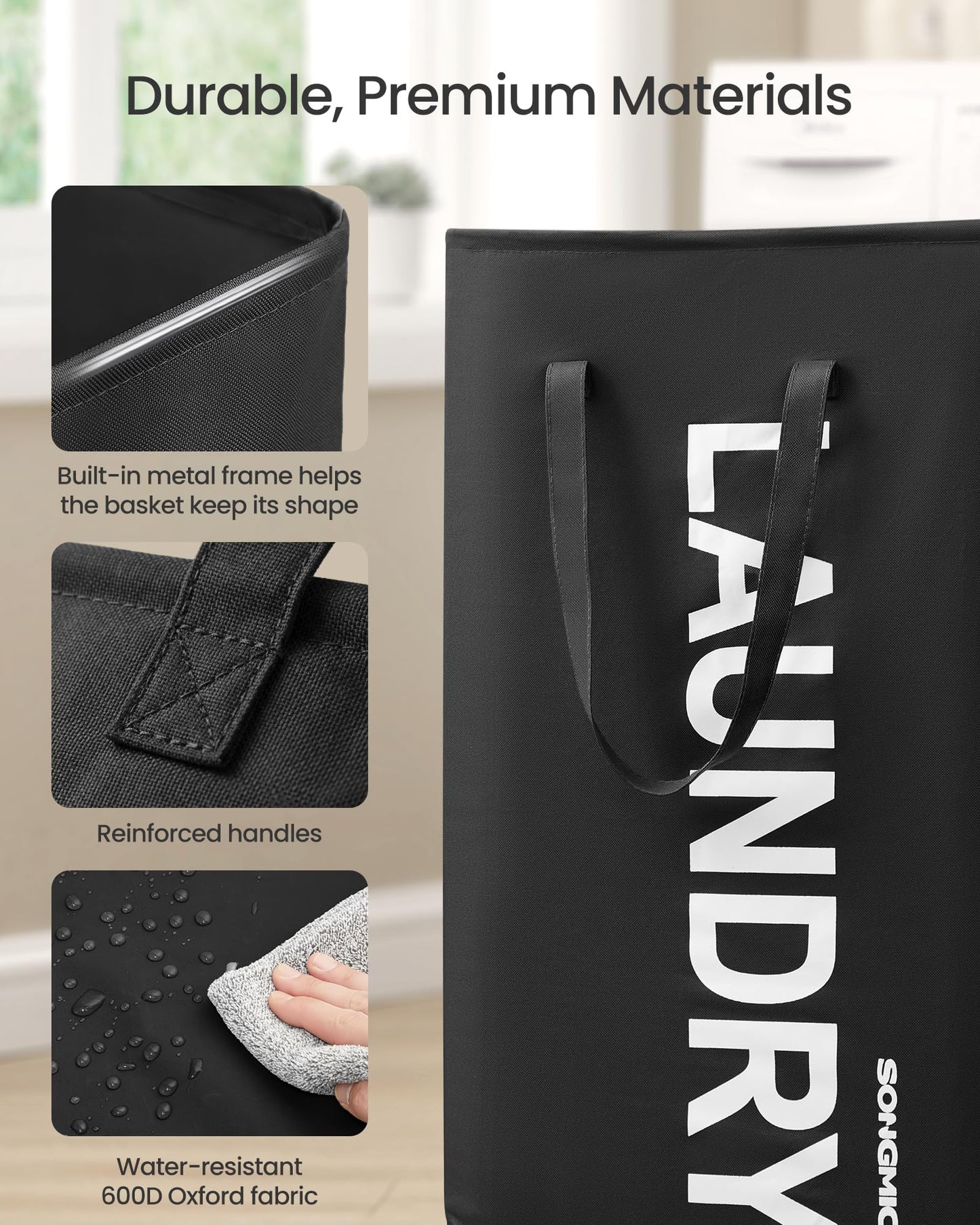 SONGMICS Laundry Hamper, 21.1-Gallon (80 L) Laundry Basket with Handles, Water-Repellent Storage Basket for Laundry Room, Bedroom, Bathroom, Foldable, Set of 2, Ink Black URLH002BH01