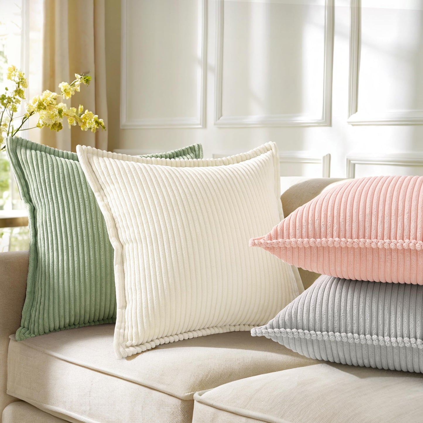 decorUhome Summer Corduroy Cream White Euro Sham Throw Pillow Covers 22x22 Set of 2 Decorative Soft Boho Farmhouse Couch Pillow Covers for Living Room Bed Sofa Broadside Striped Pillow Cases