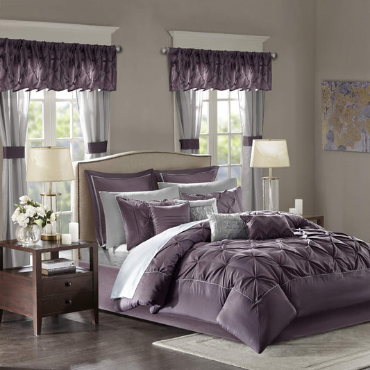 Madison Park Essentials King Comforter Set, 24 Piece Bedding With Matching Curtains, Decorative Pillows, Luxe Diamond Tufting , Room in a Bag Joella Collection, Plum King