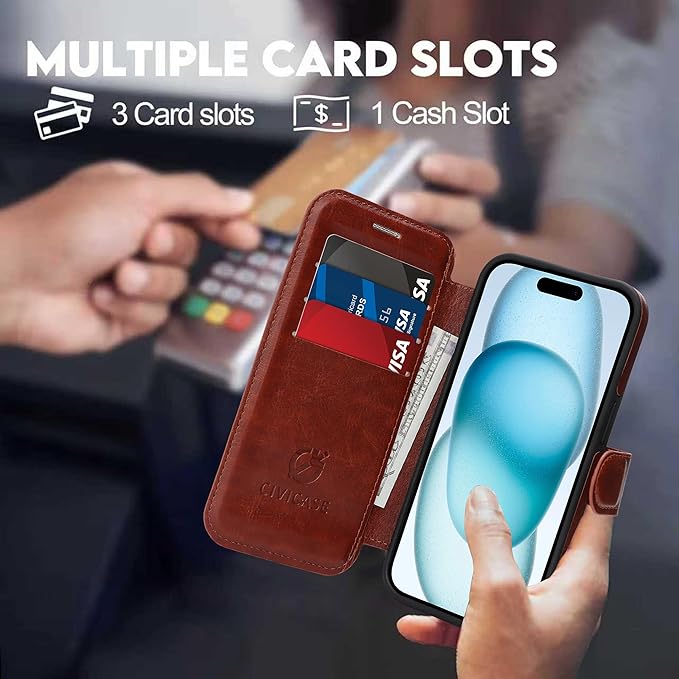 CIVICASE for iPhone 15 Pro Max Wallet Case with Stand,PU Leather Flip Credit Card Holder Slots (RFID Blocking),Compatible with Magsafe Magnetic Holder Phone Cover Women Men,Dark Brown