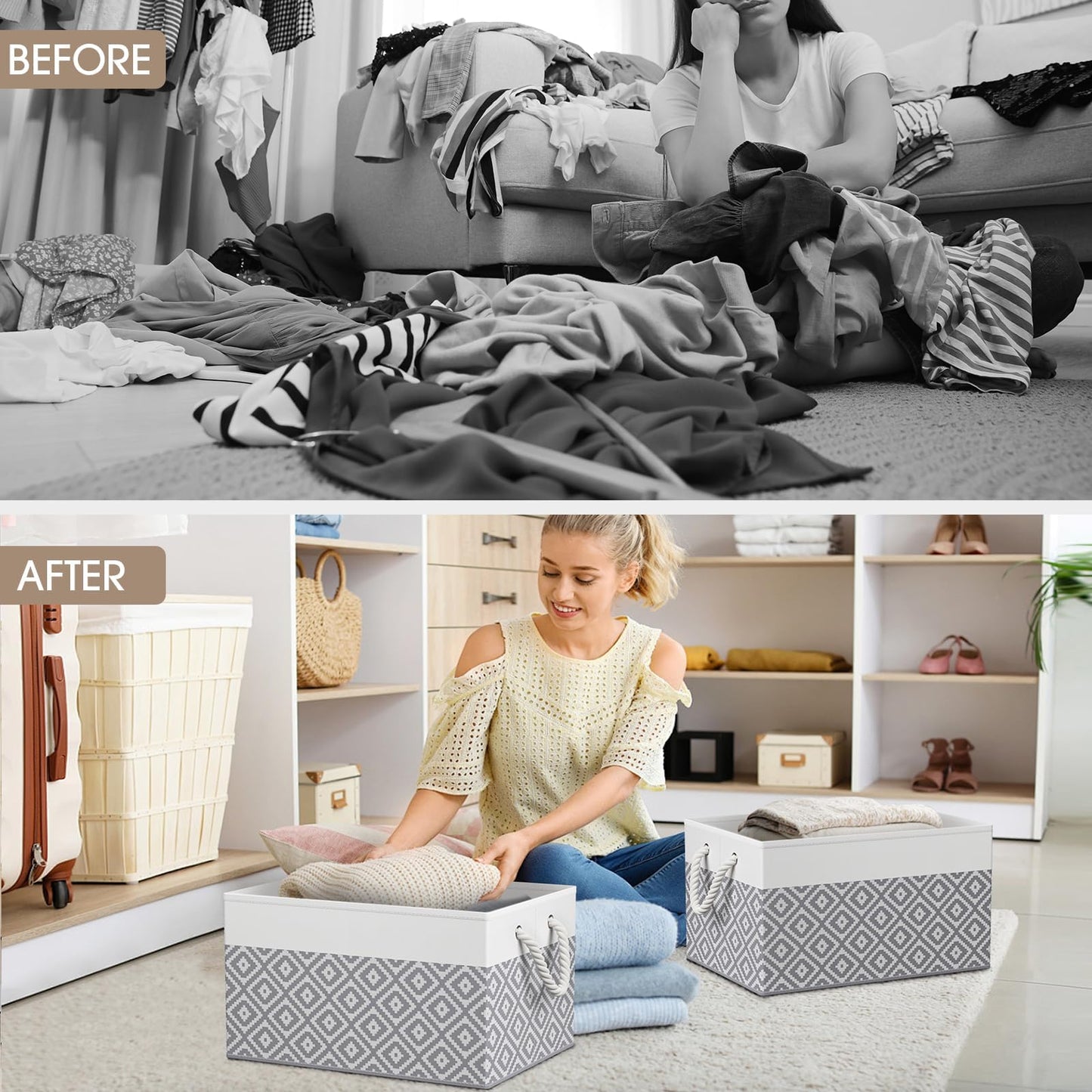 StorageTastic Storage Bins, 3-Pack Large Storage Box with Rope Handles, Collapsible Storage Basket for Organizing Books, Clothes, Rhombic Grey