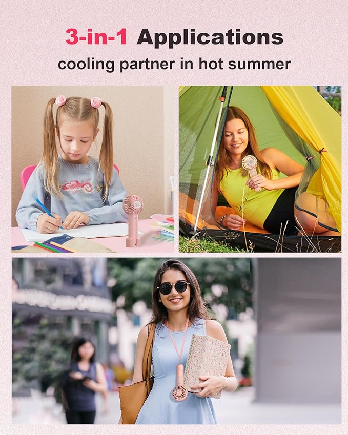 Coohea 2-Pack Pink Handheld Fan, Small Cute Design, 3 Powerful Speeds, Operated by USB/Rechargeable Battery, Portable Personal Fan with Base & Lanyard, for Eyelash Makeup Travel Beach Office Desk
