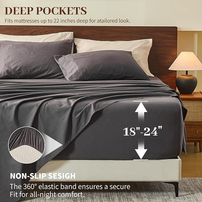 MEISHANG 100% French Pure Linen Sheets King Size - Extra Deep Pocket Sheet Set, Soft Durable Flax Linen, Anti-Tear Breathable & Oeko-Tex Certified 18-24 Deep Pocket,All Season(Dark Grey)
