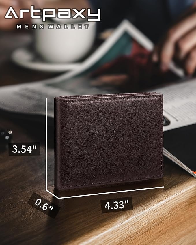 Artpaxy Mens Wallet Genuine Leather Bifold RFID Blocking Wallet for Men with 2 ID Windows 12 Card Holders 2 cash pockets 1 Gift Box