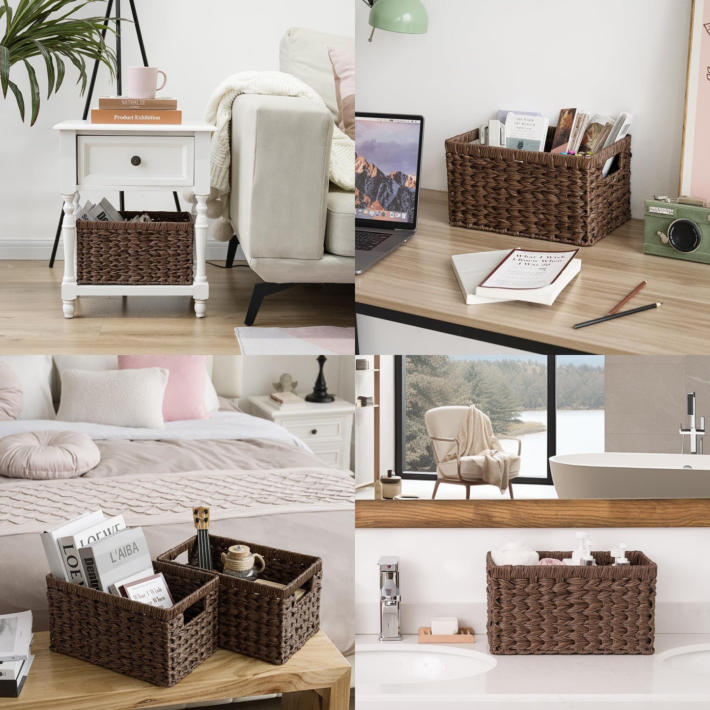 GRANNY SAYS Wicker Storage Baskets for Shelves, Wicker Baskets for Organizing, Waterproof Woven Basket for Pantry, Rectangle Basket for Shelf, Brown, 2-Pack