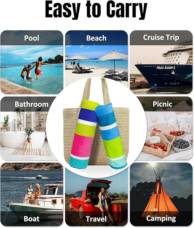 cabanana Large Beach Towel Oversized - Cotton Velour 35 x 70 Inch Rainbow Striped Terry Pool Towel, Cabana Soft Swimming Towel for Adults Women Men (Rainbow Blue)
