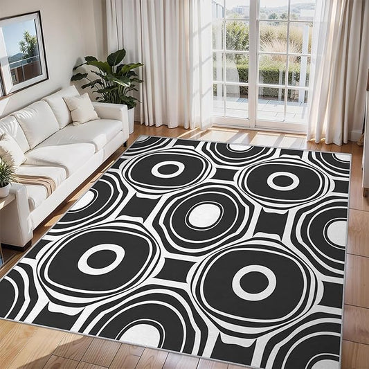 Black and White Geometric Rugs for Home Decor, 3x4 ft, Ring Circle Area Rugs for Living Room, Soft Non Slip Washable Modern Abstract Carpet Bedroom Decorations Dt-Ghf-31