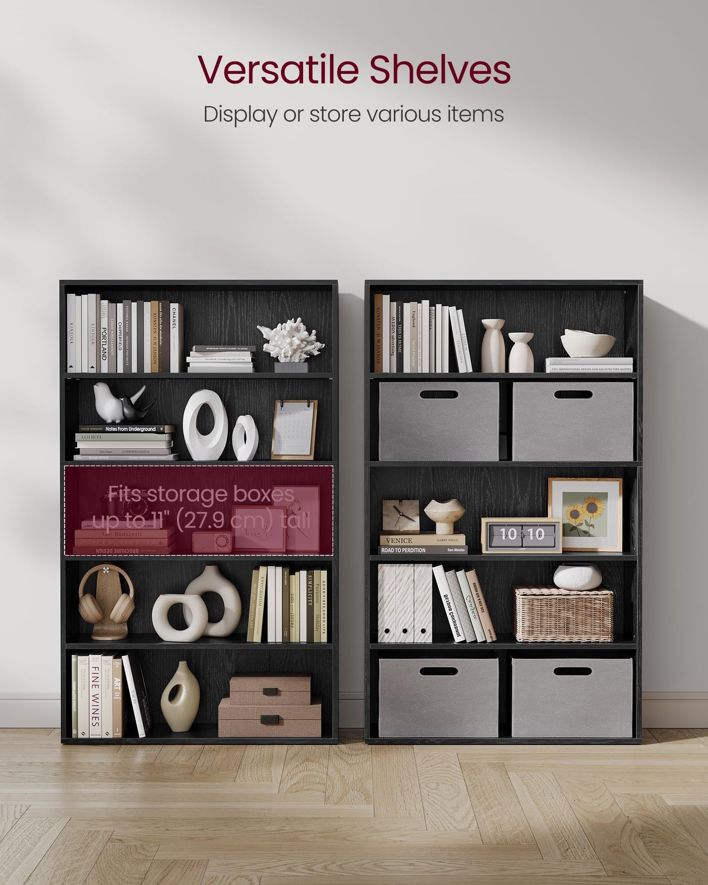 VASAGLE Custos Collection - Bookshelf, 5-Tier Bookcase, Book Shelf, Open Storage Shelf, 9.4 x 31.5 x 52.5 Inches, for Living Room, Home Office, Dinning Room, Ebony Black ULBC175T56