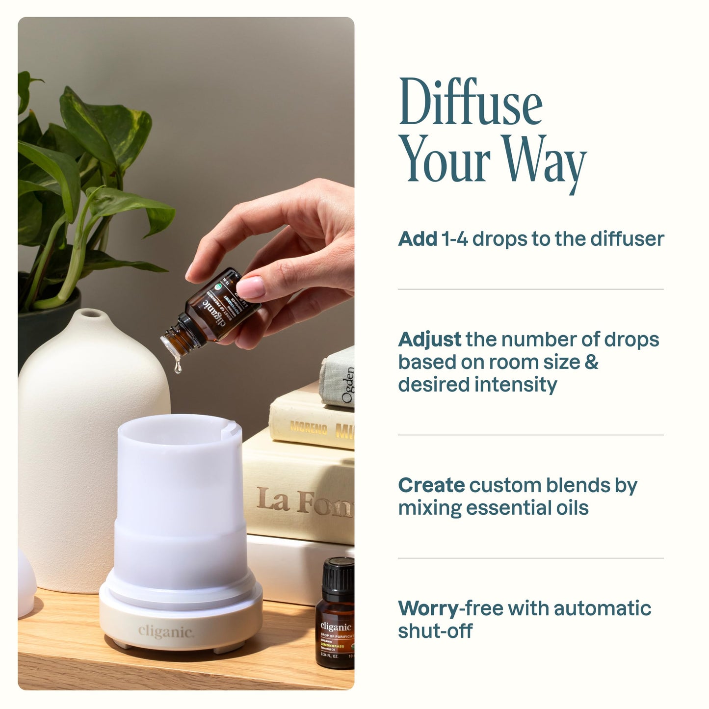 Cliganic Ceramic Diffuser (Black), 100ml Ultrasonic for Essential Oils Aromatherapy, Home & Office