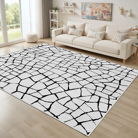 Black and White Area Rug, Abstract Rug 8x10, Contemporary Minimalist Rugs, Geometric Cracks Area Rugs, Modern Geometric Carpet for Living Room, Washable Non Slip Home Decor Mat