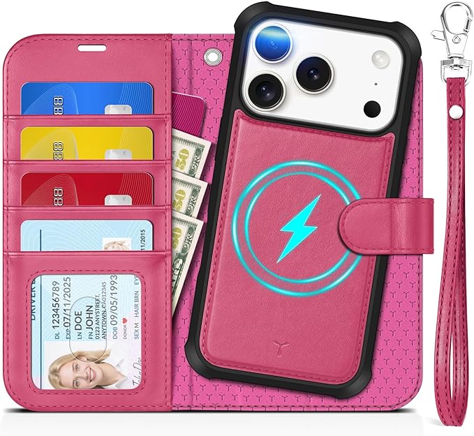 TUCCH 2-in-1 Removable Wallet Case for iPhone 17 Pro (6.3-inch) 2025, Wireless Charging | RFID Blocking 4 Card Slot | Wrist Strap | Kickstand | Magnetic | PU Leather | Protective Flip Cover | Hot Pink