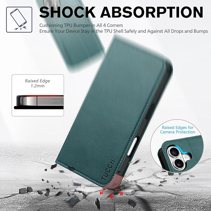 TUCCH Wallet Case for iPhone 17 (6.3-Inch) 2025, 3 Credit Card Slot | RFID Blocking | Stand | PU Leather | Shockproof TPU Interior Shell | Protective Flip Folio Cover | Teal Blue