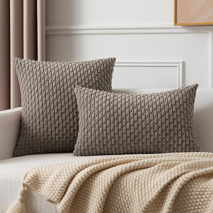 Kevin Textile 2 Packs Light Brown Euro Farmhouse Decorative Throw Pillow Covers 26x26 Inch for Living Room Couch Bed Sofa Rustic Boho Home Decor Soft Striped Corduroy Square Cushion Case 66x66 cm