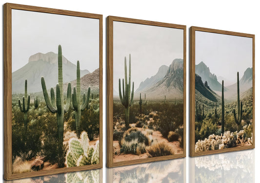 Framed Desert Landscape Wall Art Set of 3, Vintage Southwestern Cactus Wall Decor Paintings, Mexican Mountain Botanical Pictures Canvas Prints for Living Room Bedroom Bathroom Office 12x16 inch