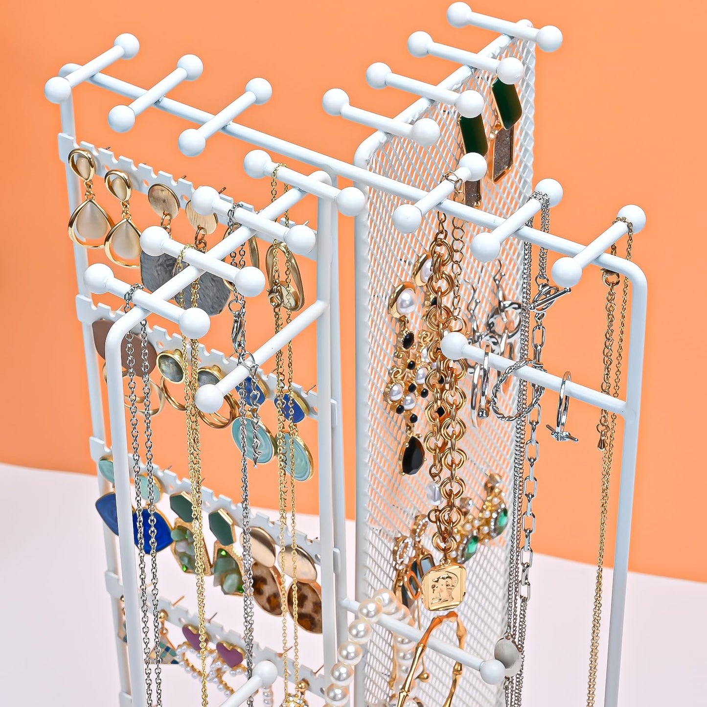 ProCase Rotating Jewelry Organizer Stand Earring Holder Organizer with 28 Necklace Hooks, Jewelry Tree Earring Stand Tower Storage Rack Bracelet Holder, Holds More than 100 Pairs Earrings -White