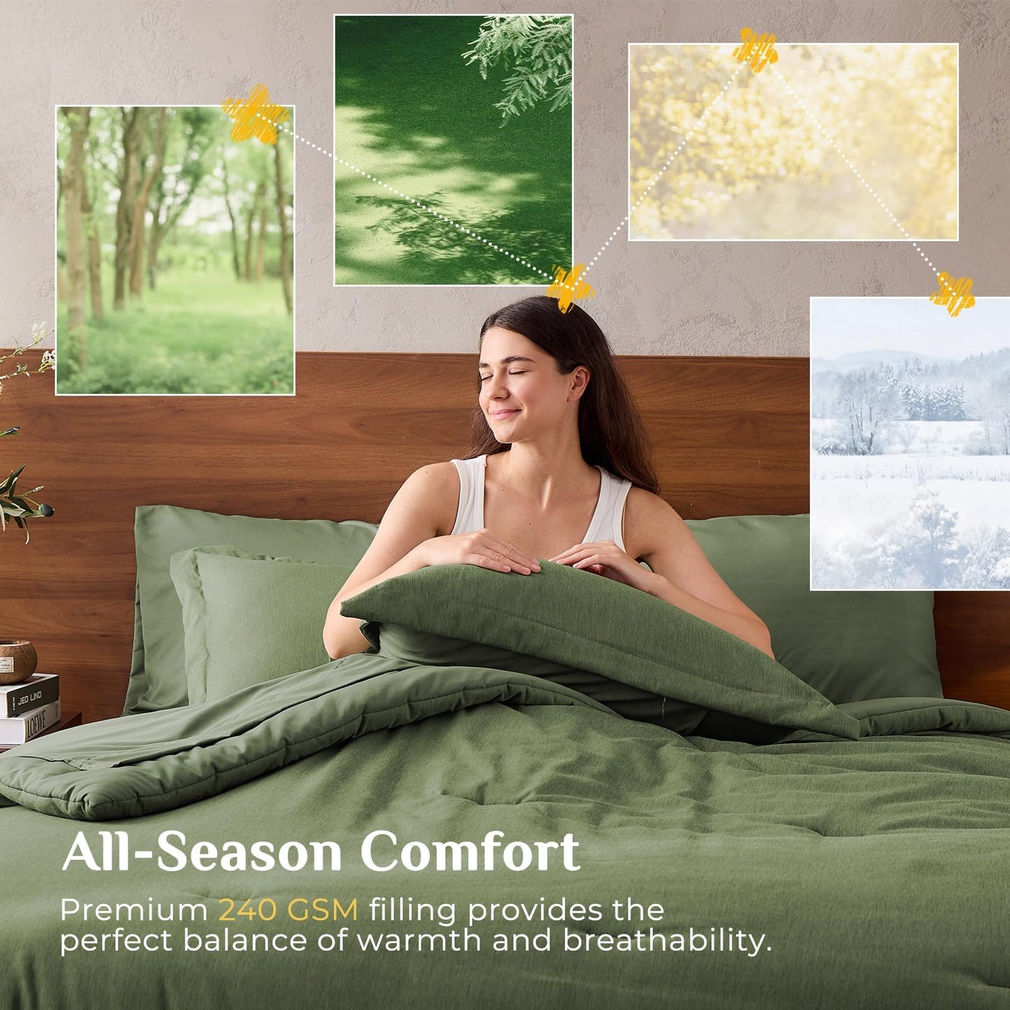 JOLLYVOGUE Queen Comforter Set Dark Green, Cationic Dyeing Bed in a Bag Queen 7 Pieces, Double-Tone Bedding Set with Down Alternative Comforter, Sheets, Pillowcases & Shams