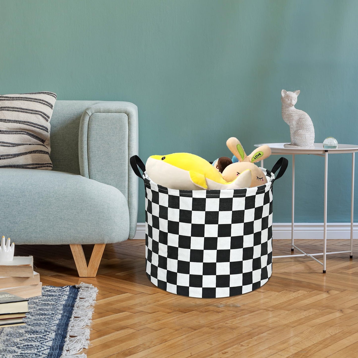 3 Pack Checkered Storage Baskets with Leather Handles, Foldable Fabric Toy Storage Bins with Waterproof Lining, Large Round Laundry Hamper for Kids Room, Nursery, Bedroom, Playroom Organization