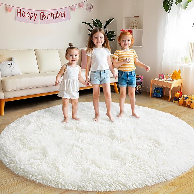 Round Fluffy Rugs 7Ft for Girls Bedroom, Cream White Shag Circle Kids Rug Non-Slip for Bedside Dorm Nursery Playroom, Soft Cute Area Rugs for Living Room Decor
