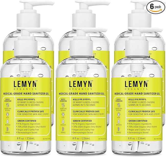 Medical Grade Hand Sanitizer Gel - 97% ORGANIC - 8 FL.OZ. with PUMP (PACK OF 6)