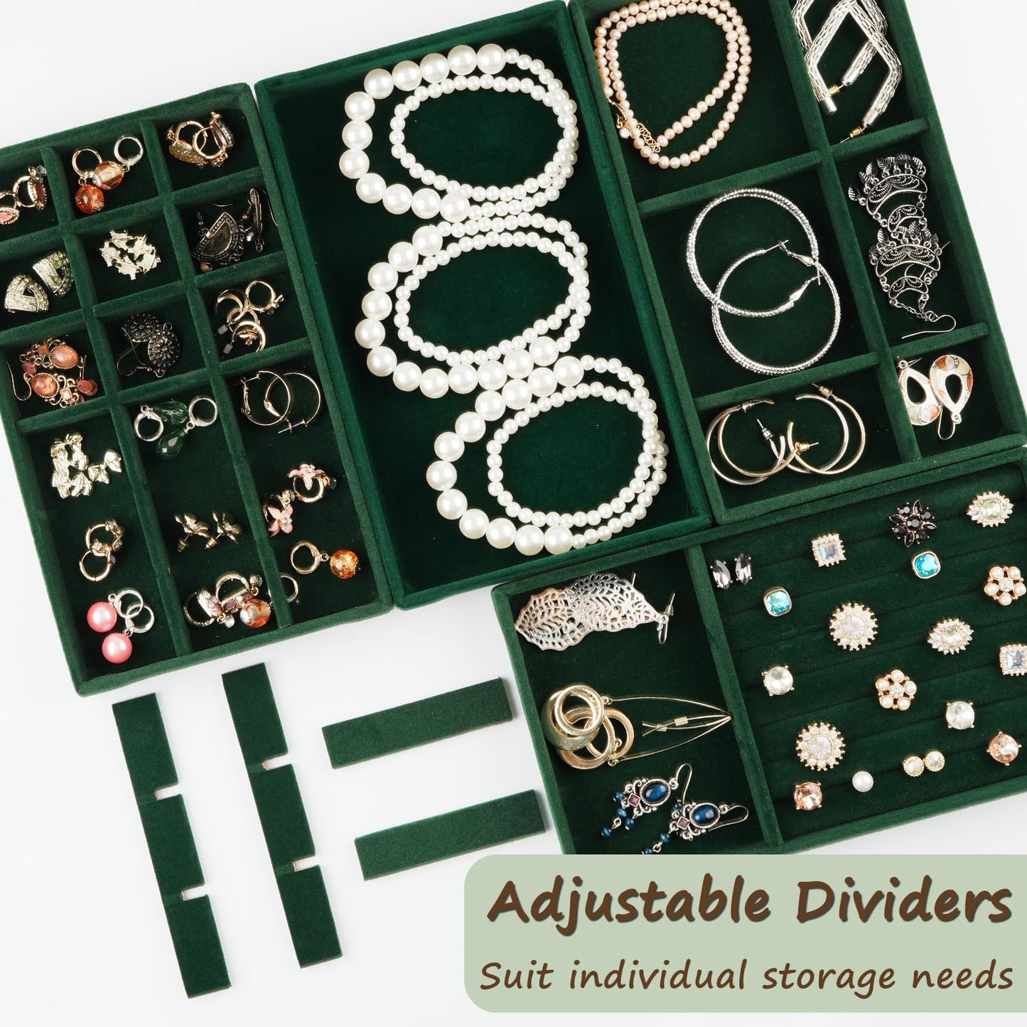 ERLSTE Jewelry Drawer Organizer, 8 Set of Stackable Velvet Organizer Tray, Drawer Inserts for Jewelry Organization, Showcase and Safely Store Your Collection with Elegance and Sophistication (Green)