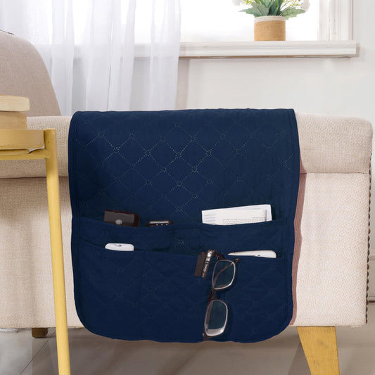 luckyjoyreal Armchair Caddy for Couch Remote Control Holder Premium Durable Non-slip Sofa Armset Organizer Caddy Storage for Recliner Couch 4 Pocket for Cell Phone Magazine 35"x13" Navy 1 Piece
