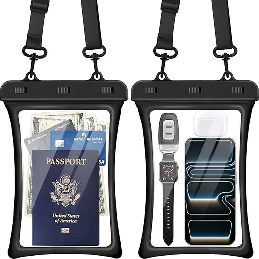 CACOE [Floatable Floating Universal IPX8 Waterproof Phone case 2 Pack-Up to 10.0",Adjustable Lanyard Phone Pouch,Cellphone Dry Bags for Vacation Beach Pool Kayak Cruise Travel Essentials（Black+Black）