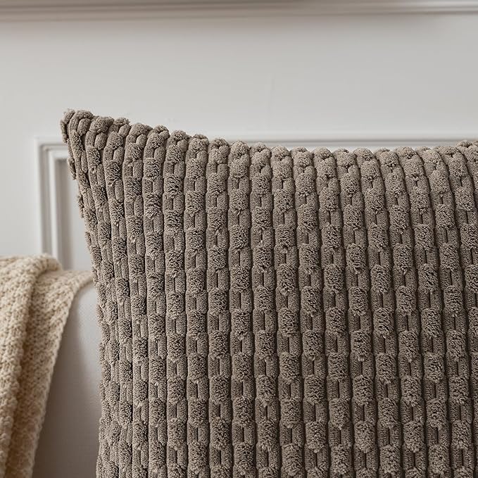 Kevin Textile Pack of 2 Corduroy Decorative Throw Pillow Covers 22x22 Inch Soft Boho Striped Pillow Covers Modern Farmhouse Home Decor for Spring Sofa Living Room Couch Bed Light Brown
