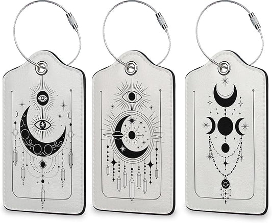 Boho Moon Eyes Luggage Tags for Suitcase 3 Pack, Leather Bag Tags Identifiers with Privacy Name Address Labels and Durable Steel Loop for Men Women Backpack