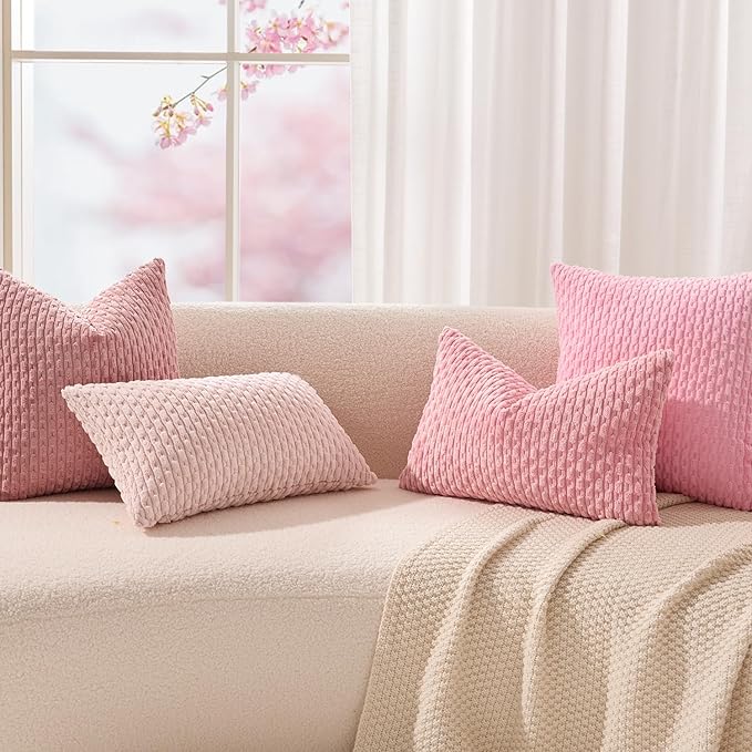 Kevin Textile Valentines Day Decorative Pillow Covers Set of 2 Striped Plush Corduroy Pillows Pillowcases Boho Home Decor Cushion Covers for Couch Sofa Bed Living Room 24x24 Inch, Pink