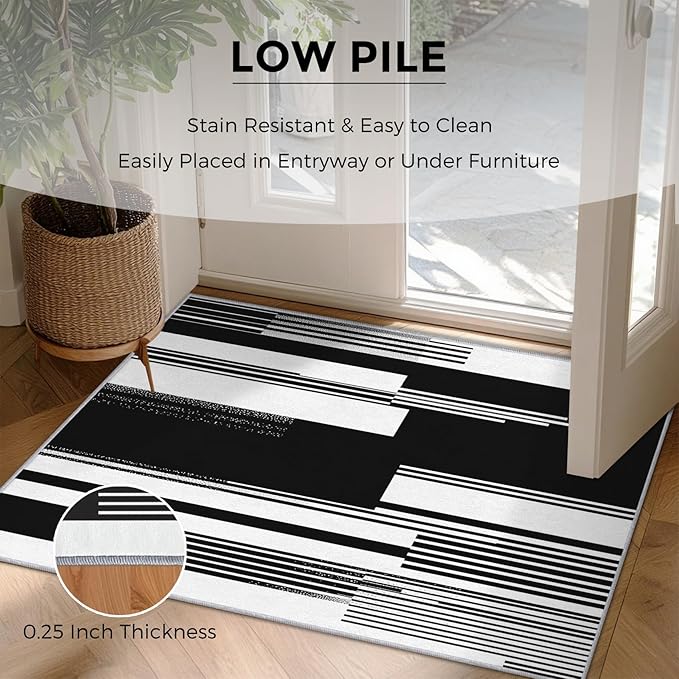 Black and White Stripe Rugs for Entryway, 2x3 ft, Modern Stripes Area Rugs for Bedroom Kitchen Entrance, Soft Non Slip Washable Abstract Striped Indoor Door Mat Home Decorations Dt-Ghf-31