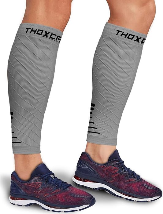 Thoxcare Calf Compression Sleeve for Men Women (1 Pair), Leg Support Footless Compression Socks for Running - Shin Splint Varicose Veins Swelling & Pain Relief, Gray/Black, Medium
