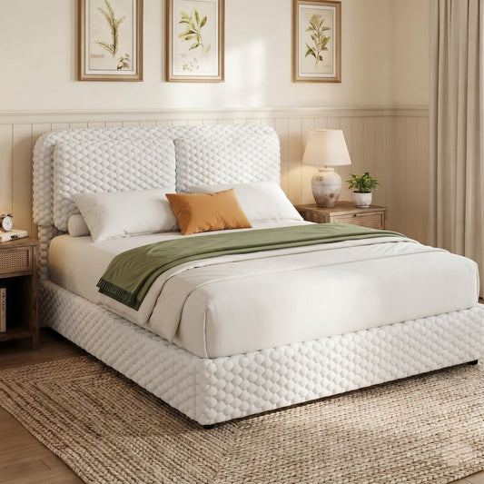 REVOMINCA Full Size Bed Frame with Headboard, Corduroy Upholstered Bed Frame, Wooden Slats Support, No Box Spring Needed, Easy Assembly, White